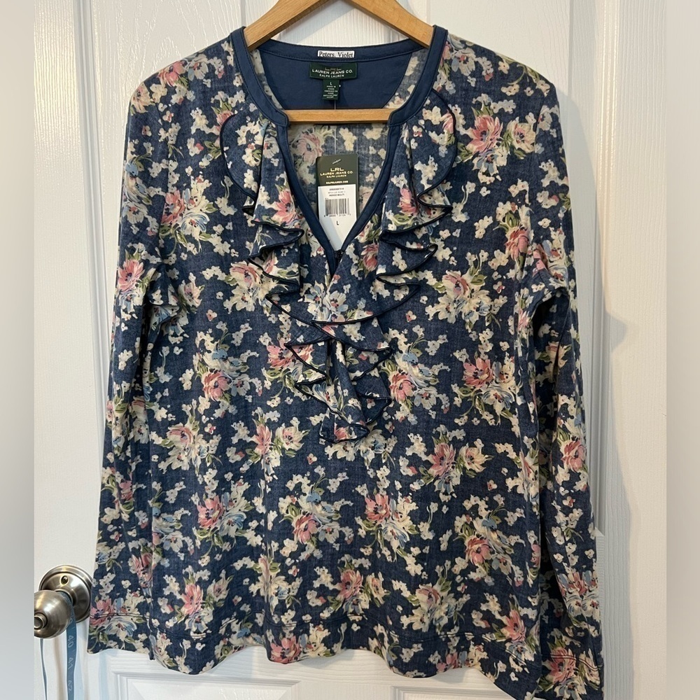 NWT Ralph Lauren Lauren Jeans Co.  ruffled neck Henley cotton top